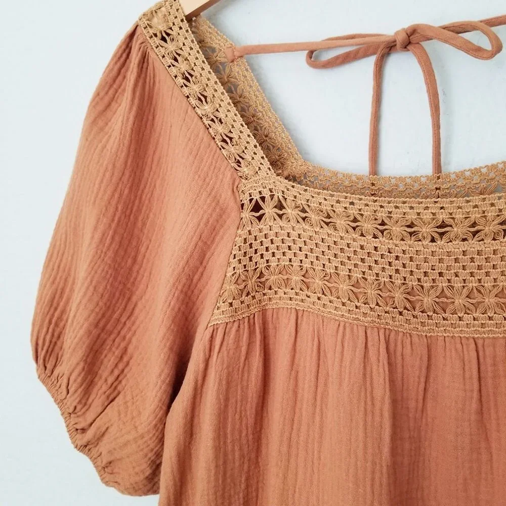 Bluivy Women's S Boho Crochet Lace Puff Sleeves Blouse Square Neck Camel Cotton - Picture 10 of 14